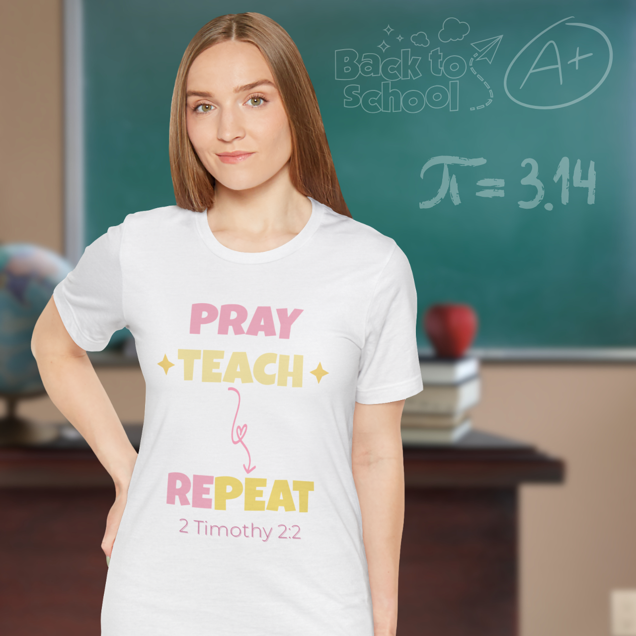 Pray Teach Repeat Coquette Bow (with 2 Timothy 2:2 Bible Verse) Christian Tee — Back-to-School Pastel Stars