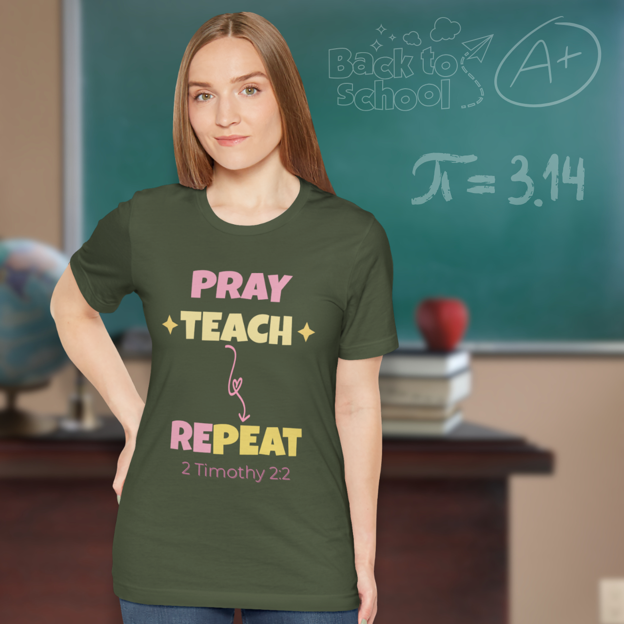 Pray Teach Repeat Coquette Bow (with 2 Timothy 2:2 Bible Verse) Christian Tee — Back-to-School Pastel Stars