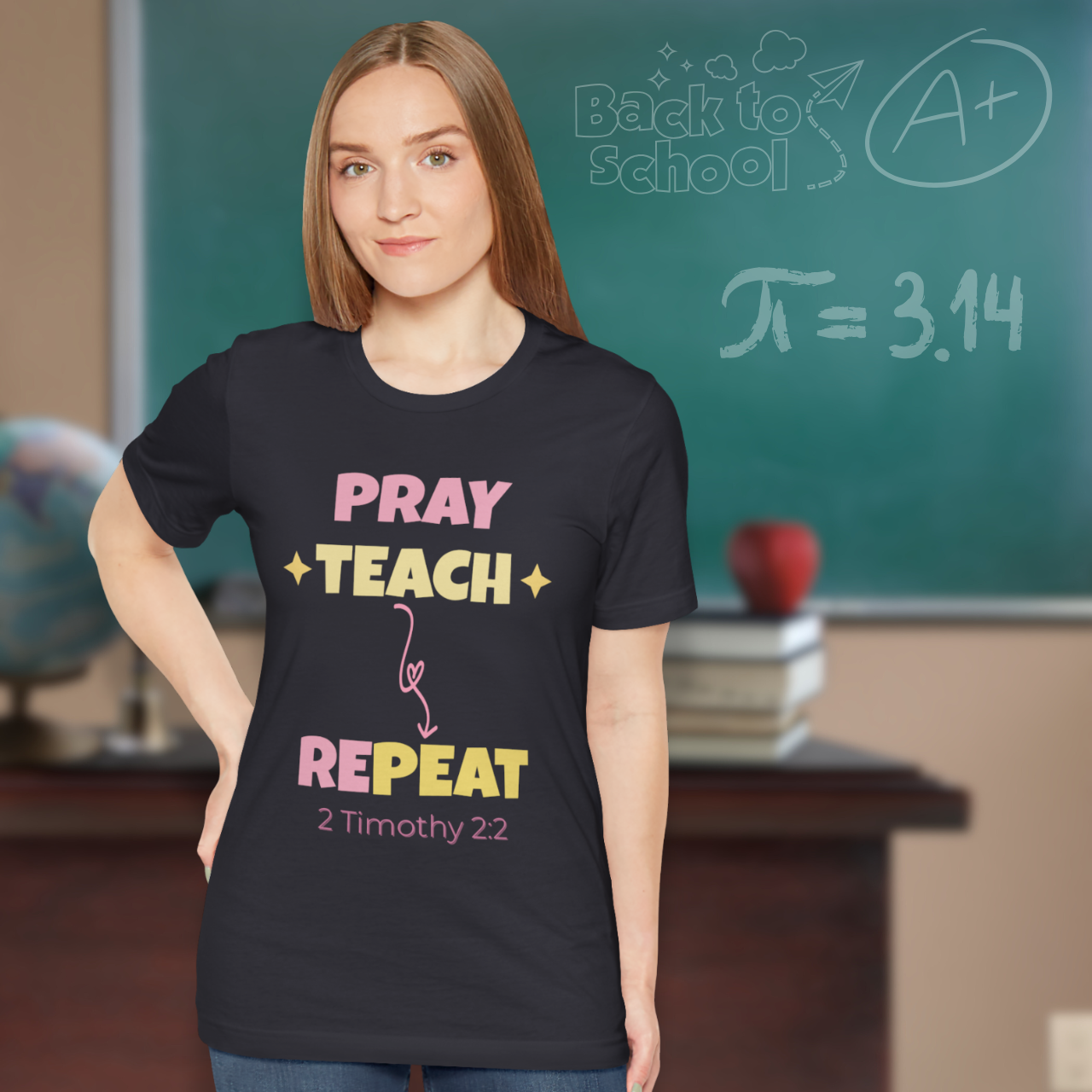 Pray Teach Repeat Coquette Bow (with 2 Timothy 2:2 Bible Verse) Christian Tee — Back-to-School Pastel Stars