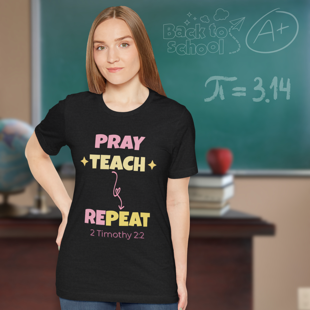 Pray Teach Repeat Coquette Bow (with 2 Timothy 2:2 Bible Verse) Christian Tee — Back-to-School Pastel Stars