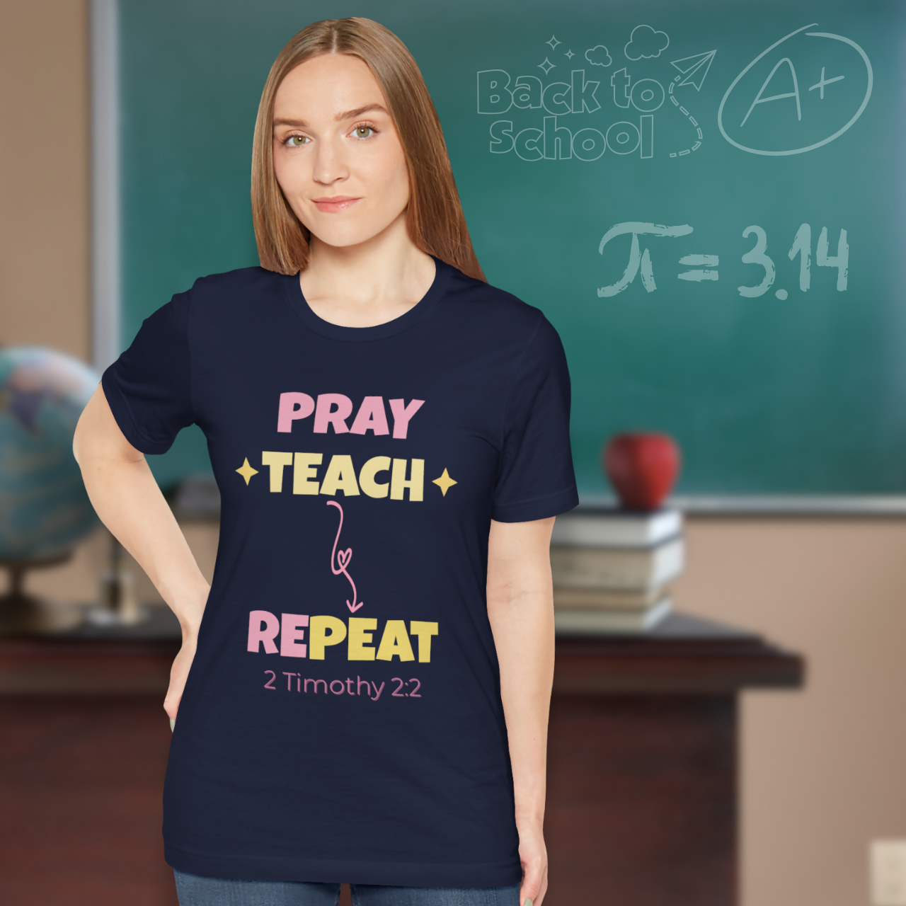 Pray Teach Repeat Coquette Bow (with 2 Timothy 2:2 Bible Verse) Christian Tee — Back-to-School Pastel Stars