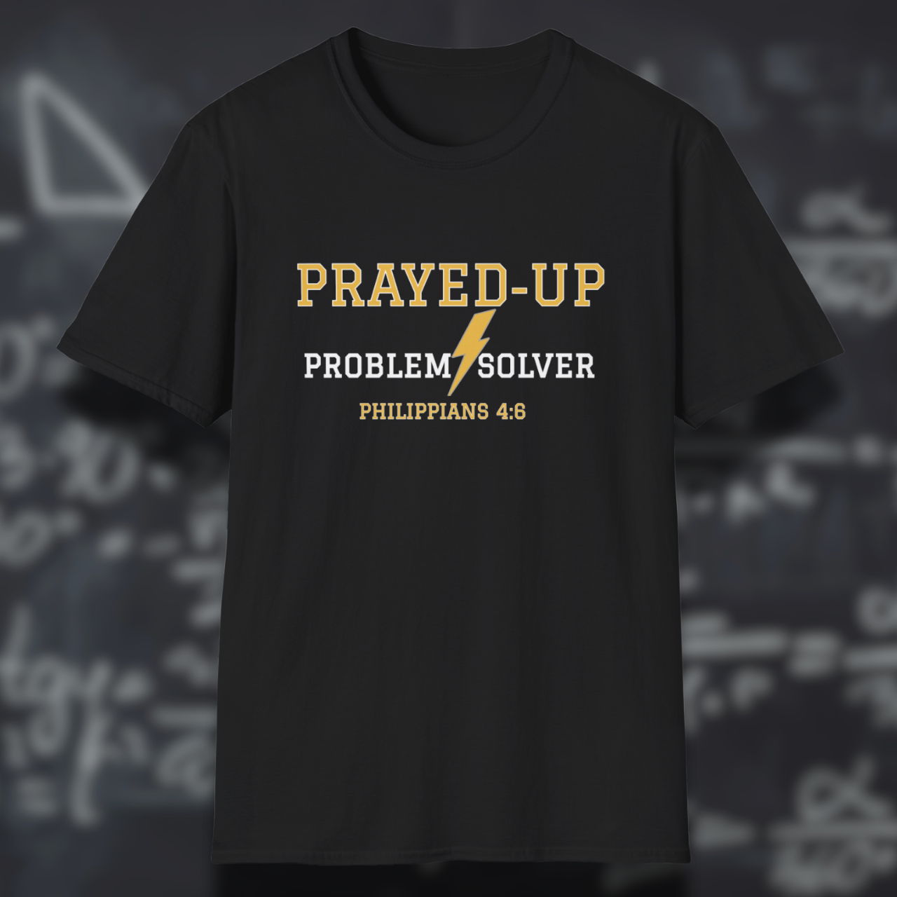 Prayed-Up Problem Solver Bible Verse (Philippians 4:6)-Varsity Christian Tee— Back-to-School Lightning Bolt