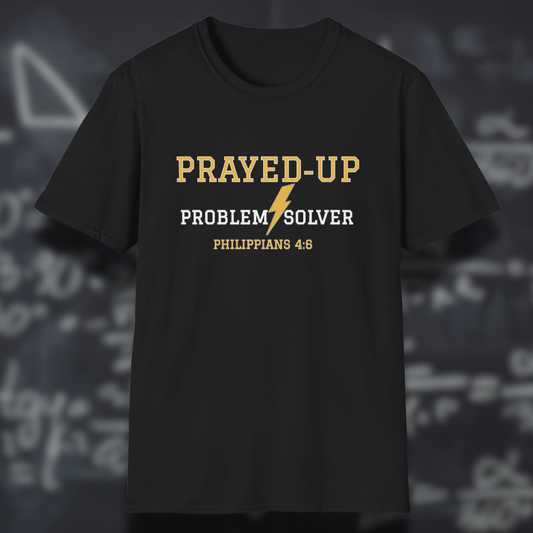 Prayed-Up Problem Solver Bible Verse (Philippians 4:6)-Varsity Christian Tee— Back-to-School Lightning Bolt