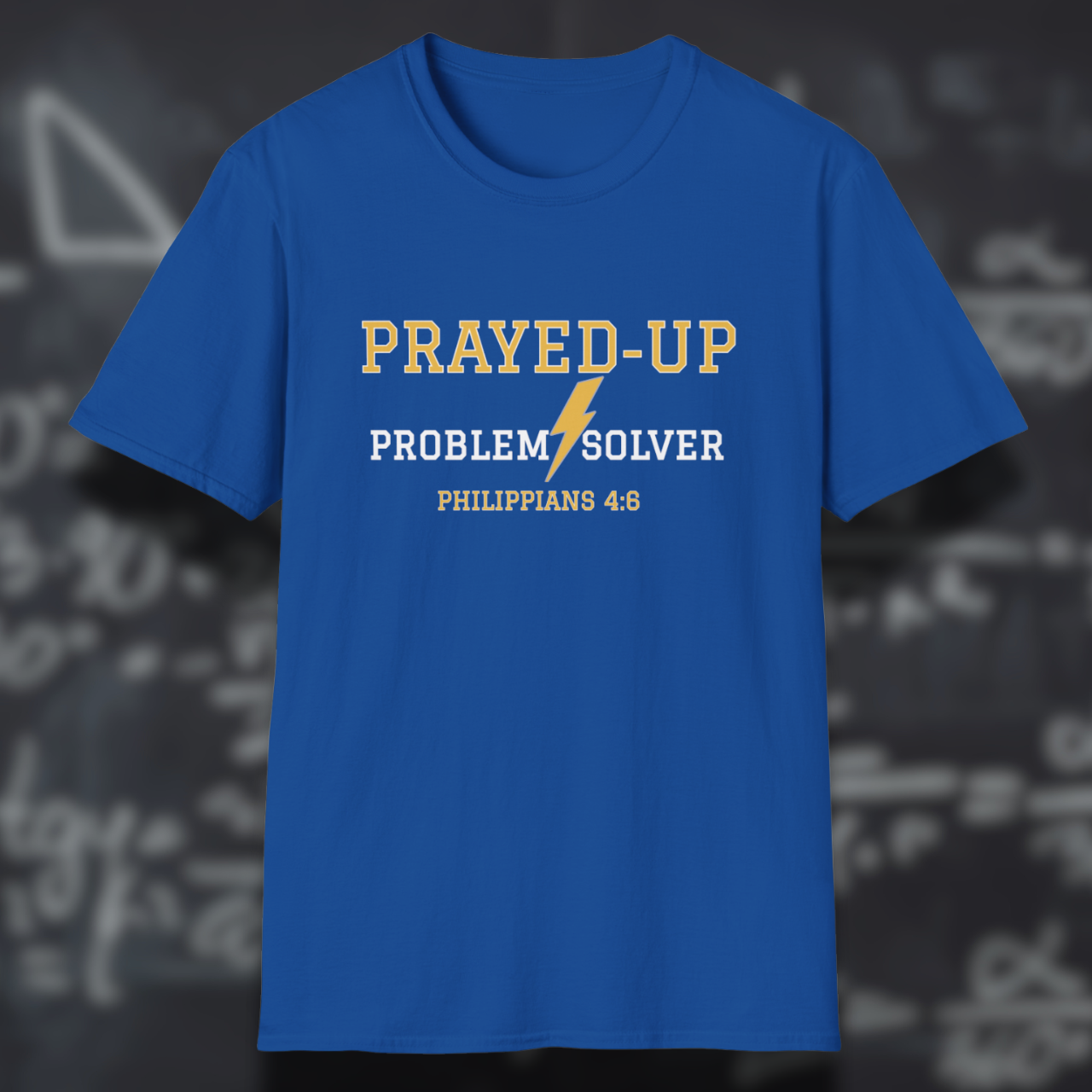 Prayed-Up Problem Solver Bible Verse (Philippians 4:6)-Varsity Christian Tee— Back-to-School Lightning Bolt