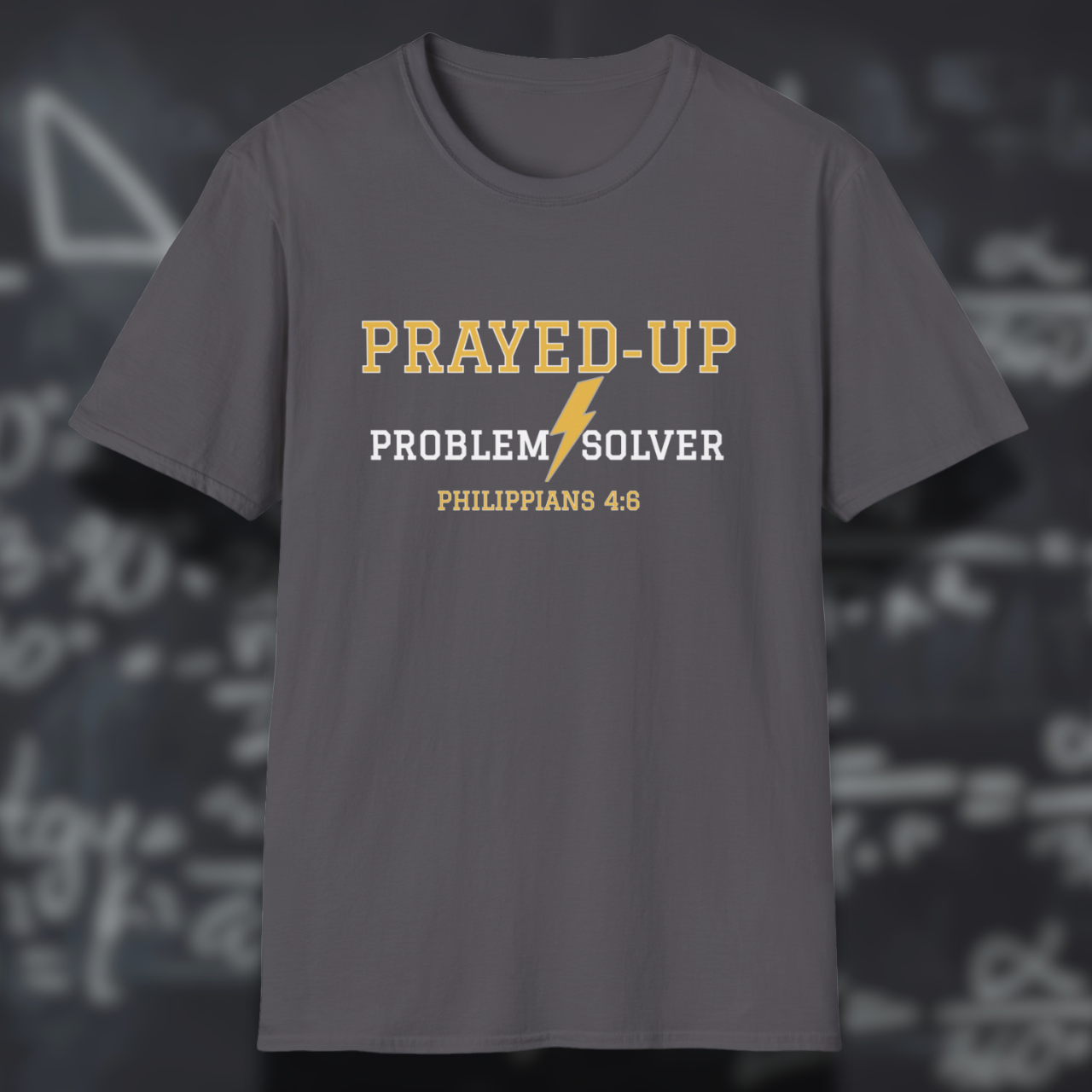 Prayed-Up Problem Solver Bible Verse (Philippians 4:6)-Varsity Christian Tee— Back-to-School Lightning Bolt