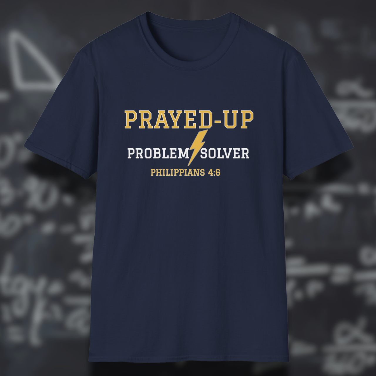Prayed-Up Problem Solver Bible Verse (Philippians 4:6)-Varsity Christian Tee— Back-to-School Lightning Bolt