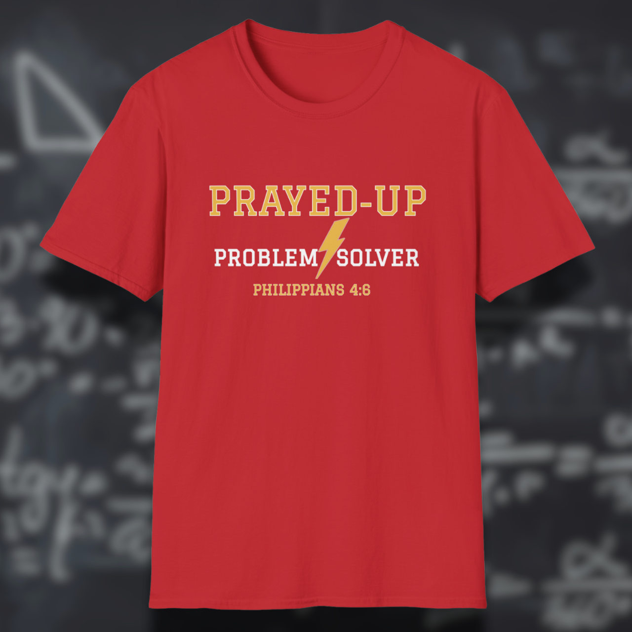 Prayed-Up Problem Solver Bible Verse (Philippians 4:6)-Varsity Christian Tee— Back-to-School Lightning Bolt
