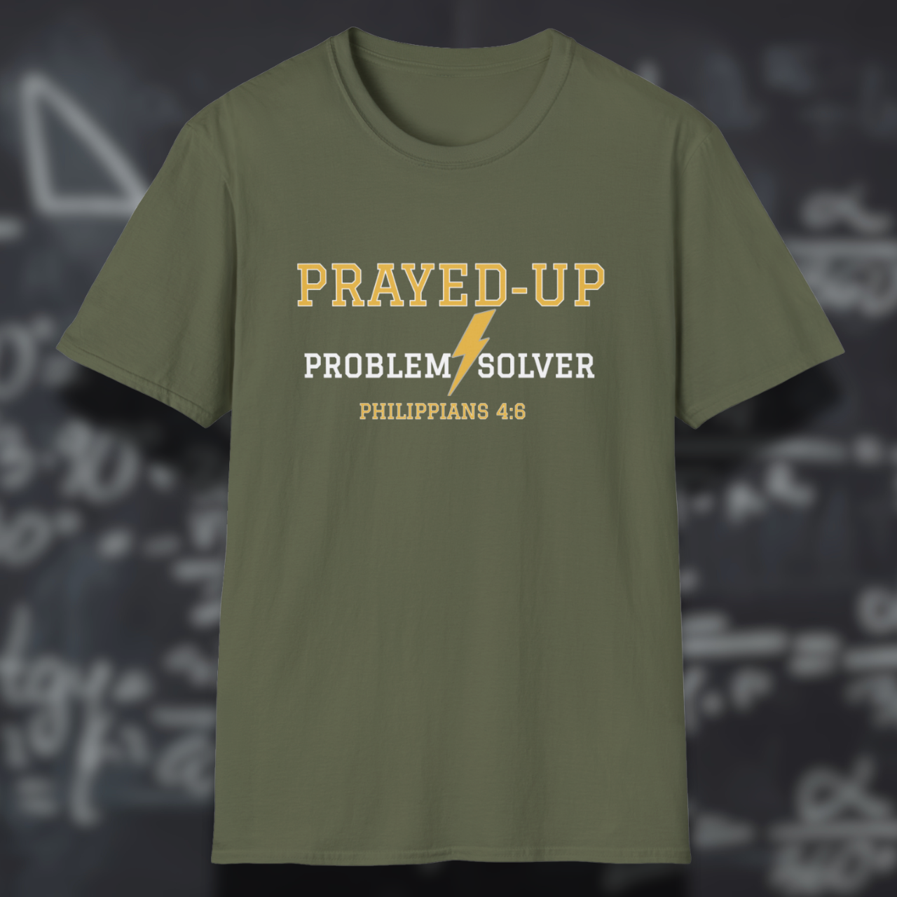 Prayed-Up Problem Solver Bible Verse (Philippians 4:6)-Varsity Christian Tee— Back-to-School Lightning Bolt