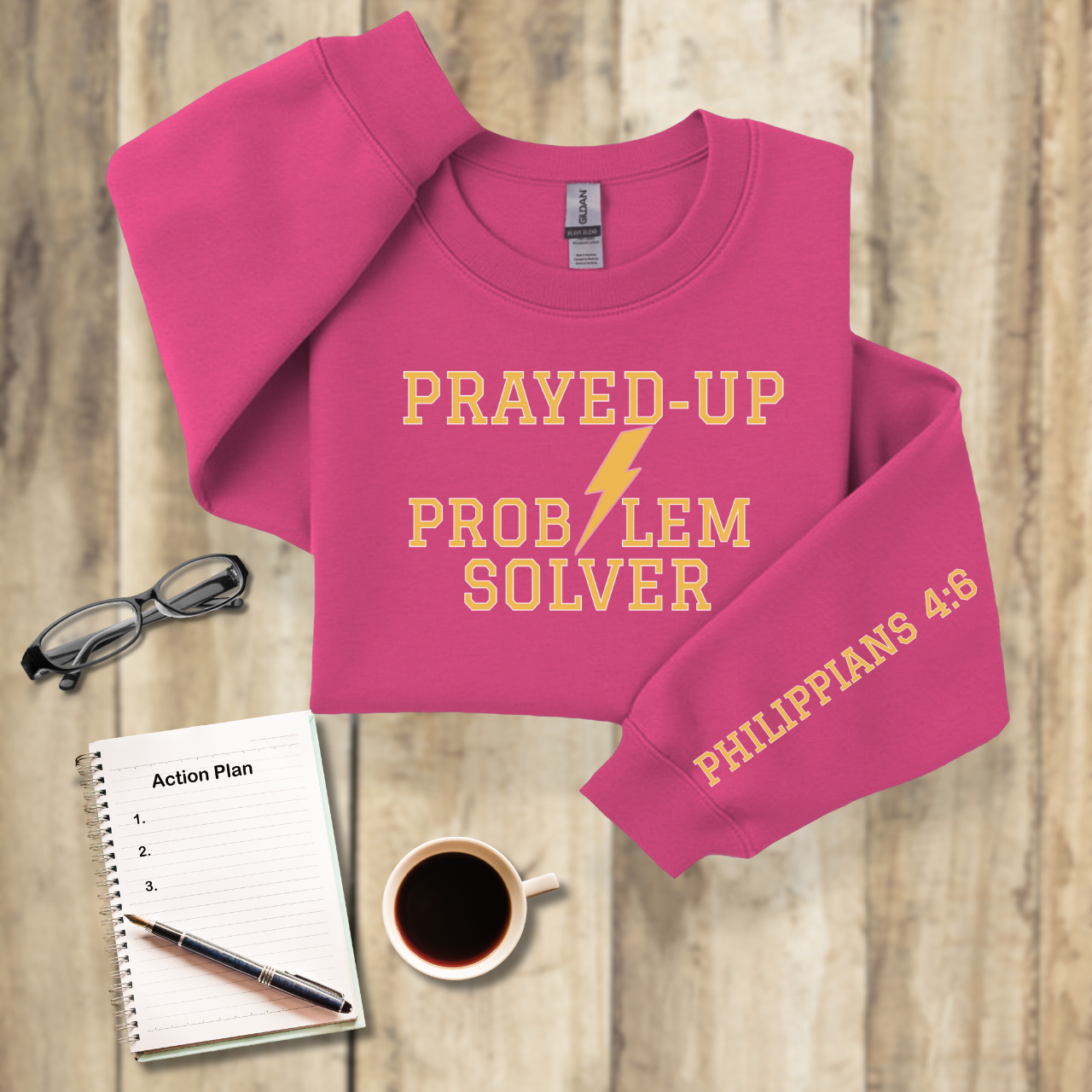 Prayed-Up Problem Solver Retro Varsity w/Bible Sleeve Verse Philippians 4:6 Sweatshirt — Christian Teacher • Gildan 18000