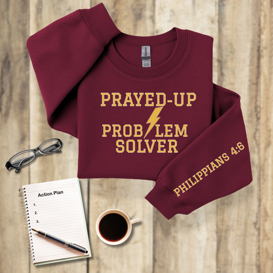 Prayed-Up Problem Solver Retro Varsity w/Bible Sleeve Verse Philippians 4:6 Sweatshirt — Christian Teacher • Gildan 18000