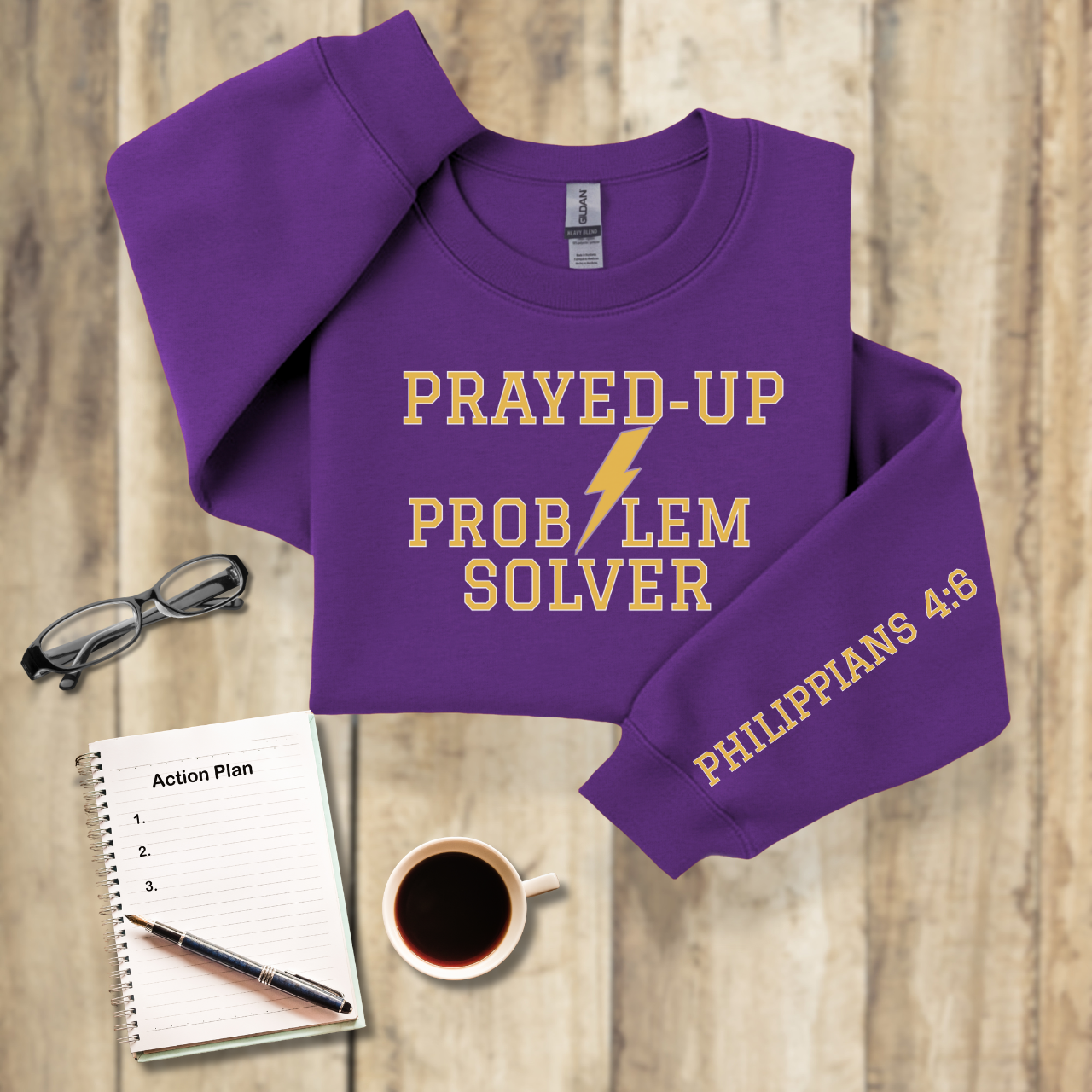 Prayed-Up Problem Solver Retro Varsity w/Bible Sleeve Verse Philippians 4:6 Sweatshirt — Christian Teacher • Gildan 18000