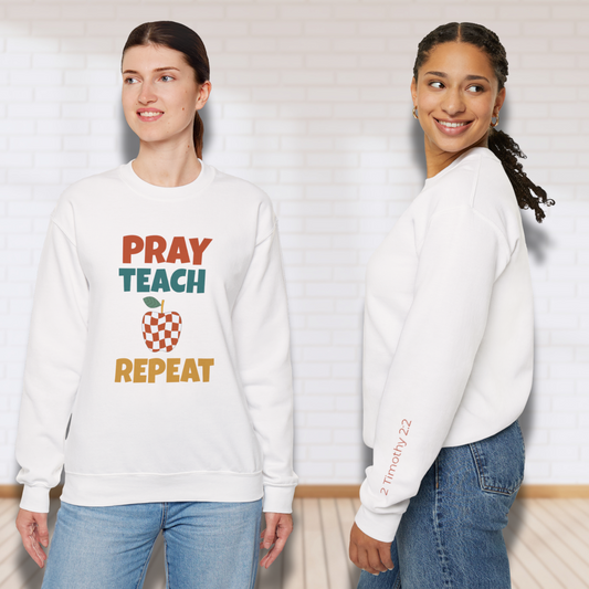Pray Teach Repeat w/ Bible Sleeve Verse (2 Timothy 2:2) Christian Teacher Sweatshirt• Checker Apple • Gildan 18000 • Back to School