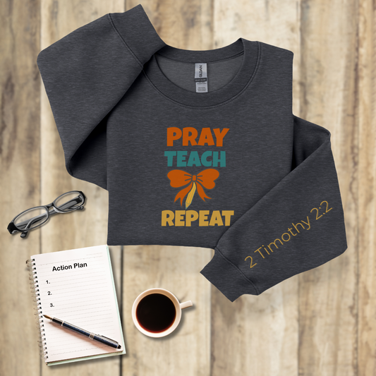 Pray Teach Repeat Croquette Ribbon-Pencil Bow w/Bible Sleeve Verse (2 Timothy 2:2) • Christian Teacher Sweatshirt • Retro •Gildan 18000 Unisex • Back to School