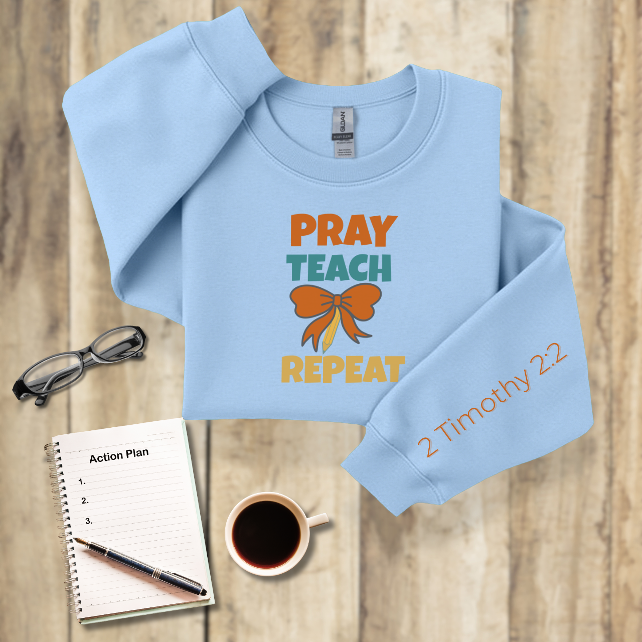 Pray Teach Repeat Croquette Ribbon-Pencil Bow w/Bible Sleeve Verse (2 Timothy 2:2) • Christian Teacher Sweatshirt • Retro •Gildan 18000 Unisex • Back to School