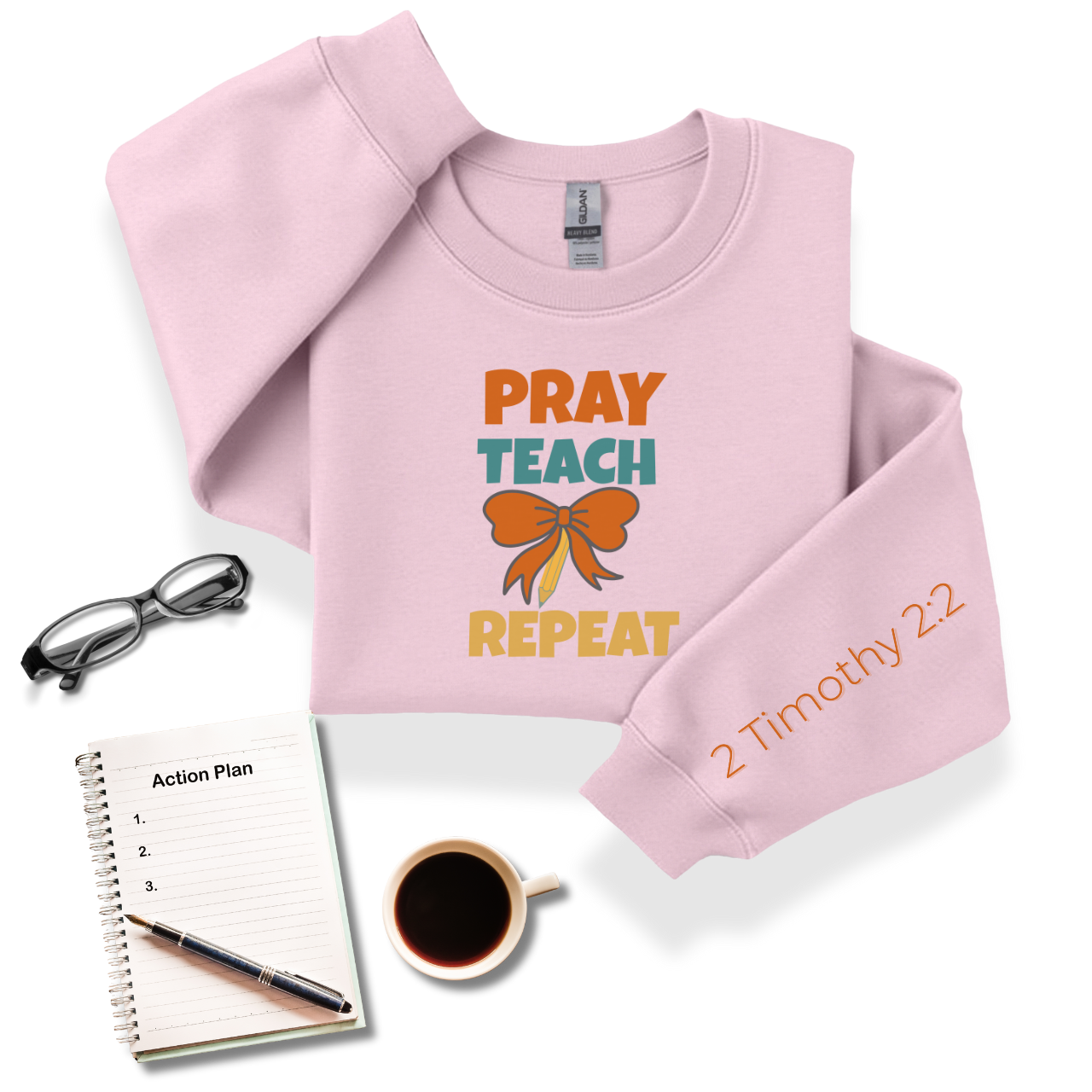 Pray Teach Repeat Croquette Ribbon-Pencil Bow w/Bible Sleeve Verse (2 Timothy 2:2) • Christian Teacher Sweatshirt • Retro •Gildan 18000 Unisex • Back to School