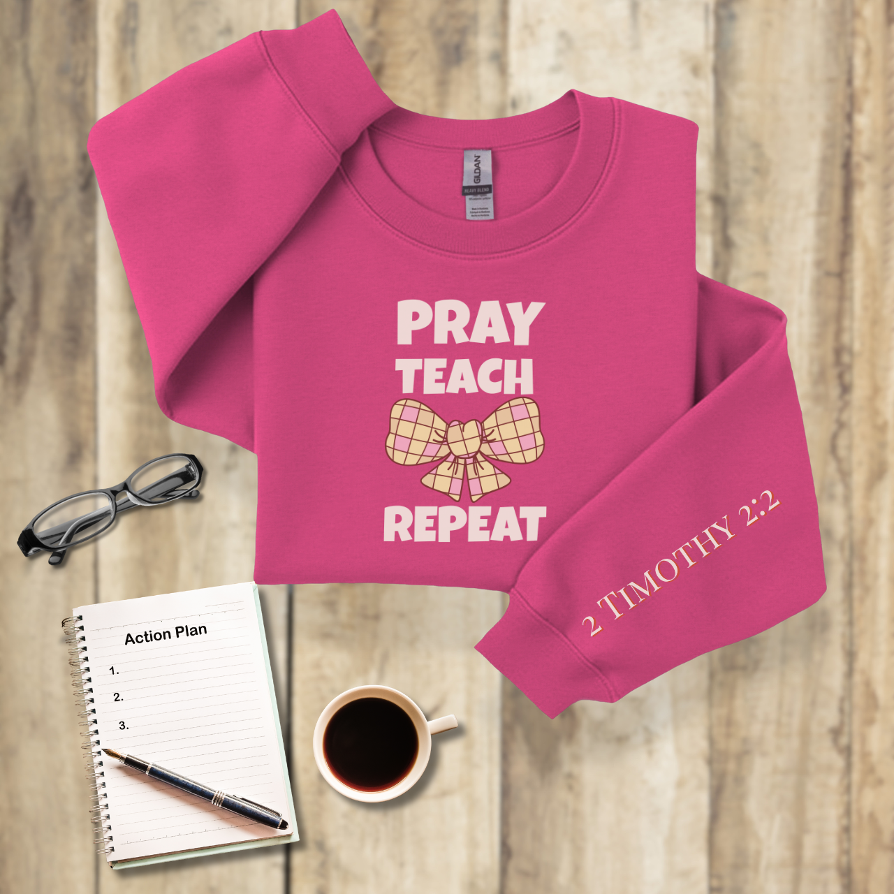 Pray Teach Repeat Croquette Plaid Bow w/Bible Sleeve Verse (2 Timothy 2:2)• Christian Teacher Sweatshirt• Gildan 18000 • Back to School