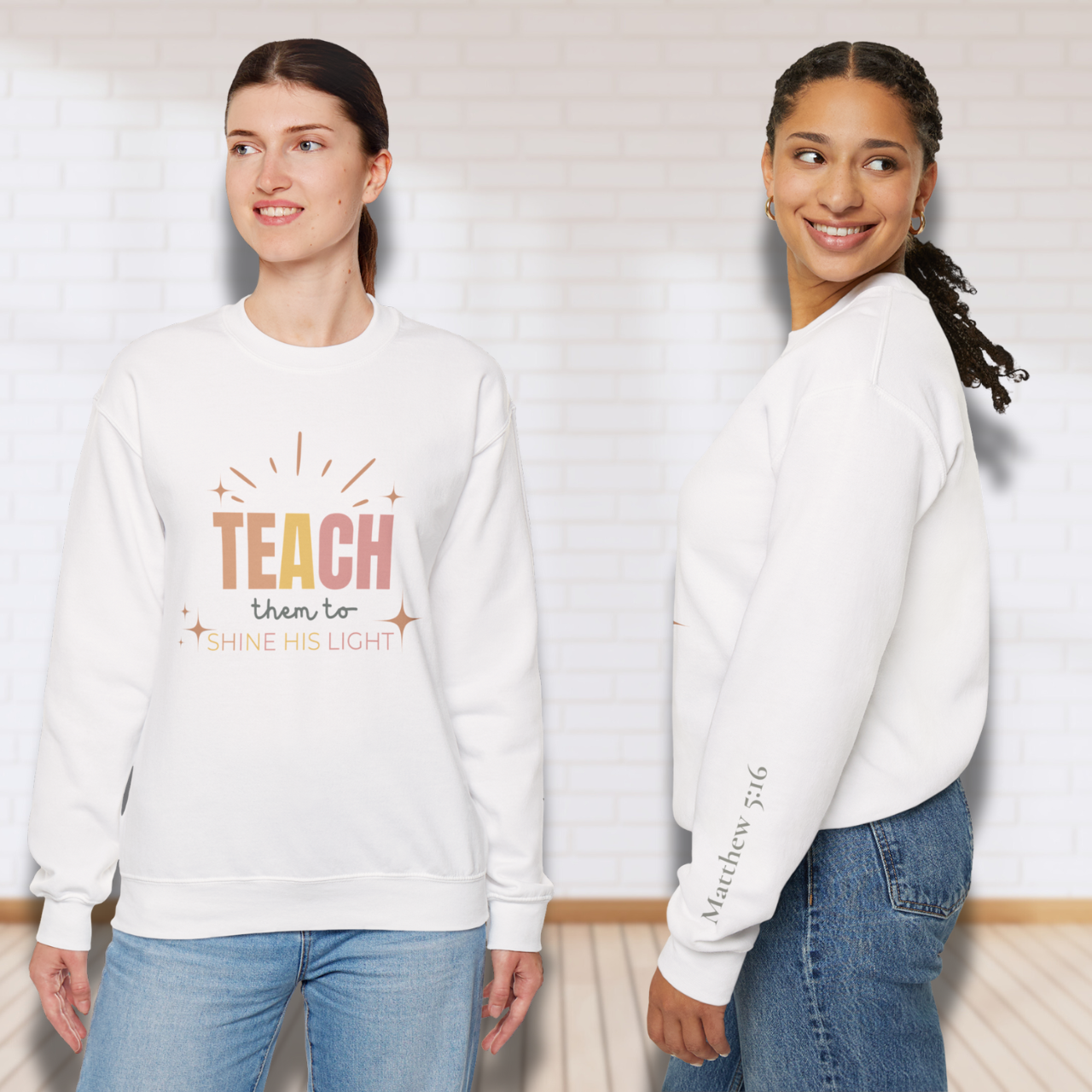 Teach Them to Shine His Light Pastel Rays w/Bible Sleeve Verse Matthew 5:16•  Christian Teacher Sweatshirt —Gildan 18000 • Back to School