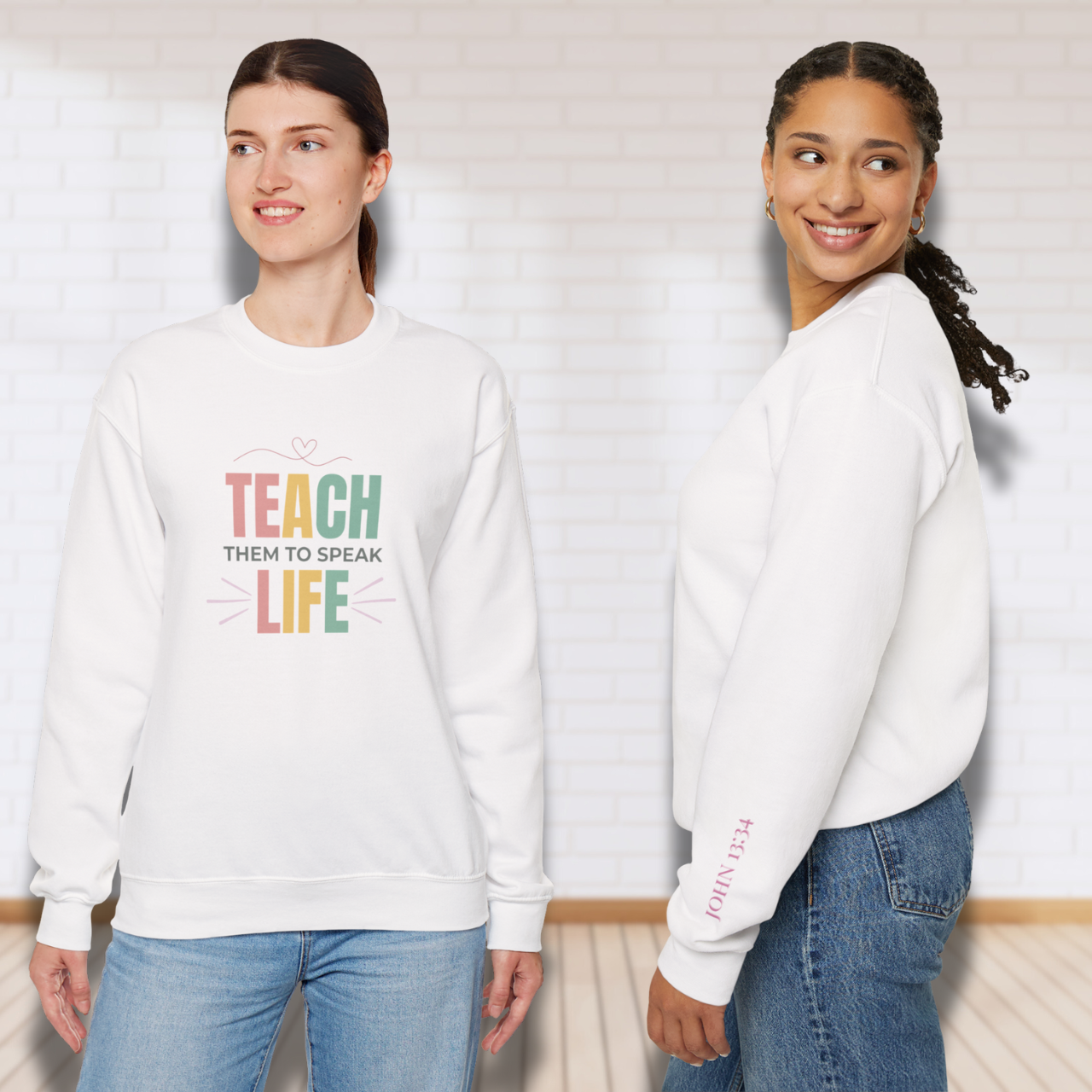 Teach Them to Speak Life Pastel w/Bible Sleeve Verse John 13:34 • Christian Teacher Sweatshirt — Gildan 18000 • Back to School