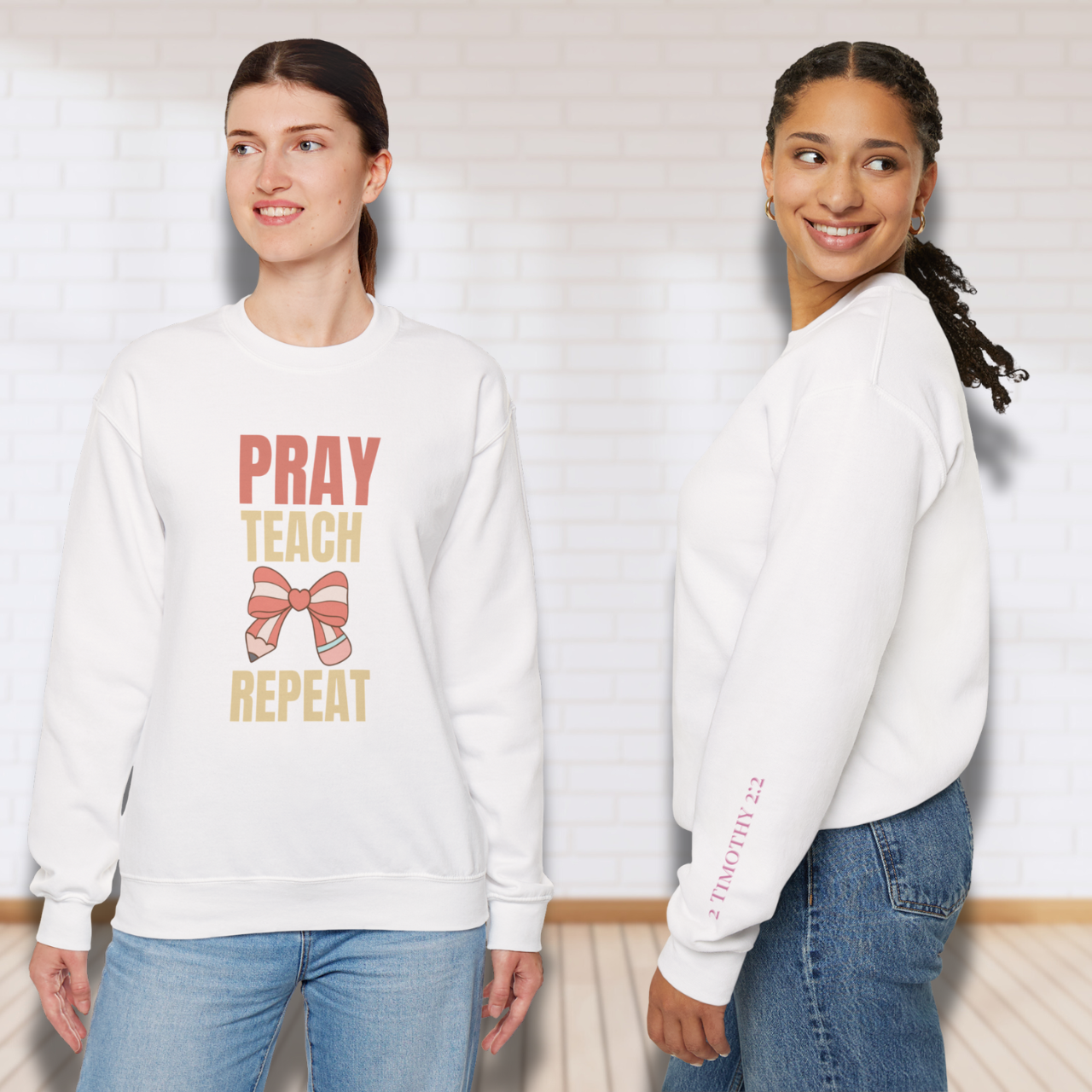 Pray Teach Repeat  w/ Bible Sleeve Verse (2 Timothy 2:2) Christian Sweatshirt • Pastel Bow & Pencil Graphic • Gildan 18000 • Back to School