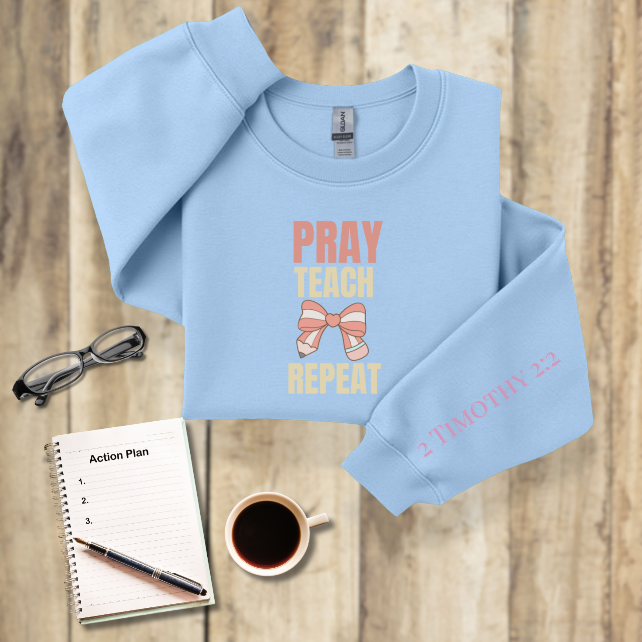 Pray Teach Repeat  w/ Bible Sleeve Verse (2 Timothy 2:2) Christian Sweatshirt • Pastel Bow & Pencil Graphic • Gildan 18000 • Back to School
