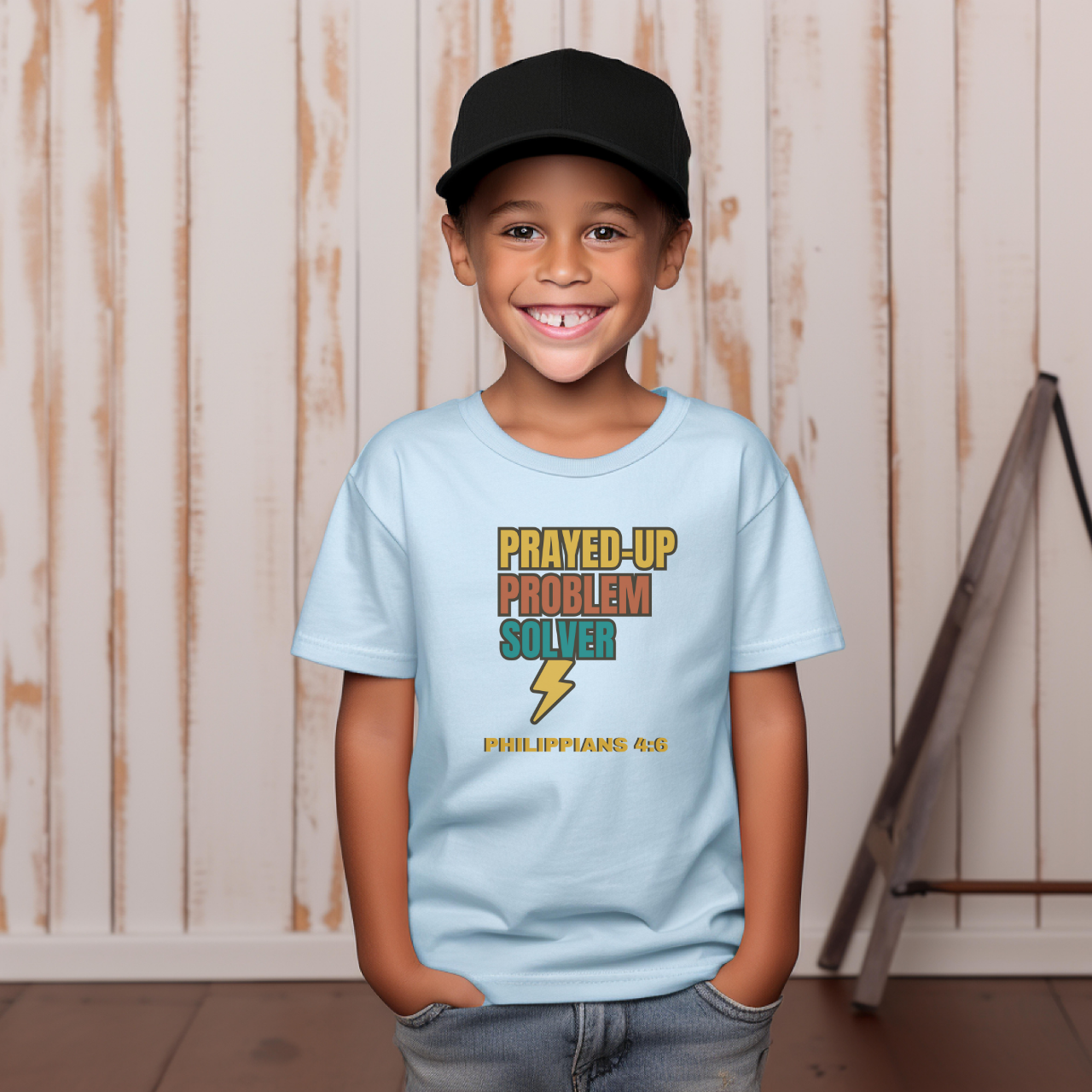 Prayed-Up Problem Solver Youth T-Shirt – Bible Verse Philippians 4:6 Christian Block Retro Design Back-to-School Tee