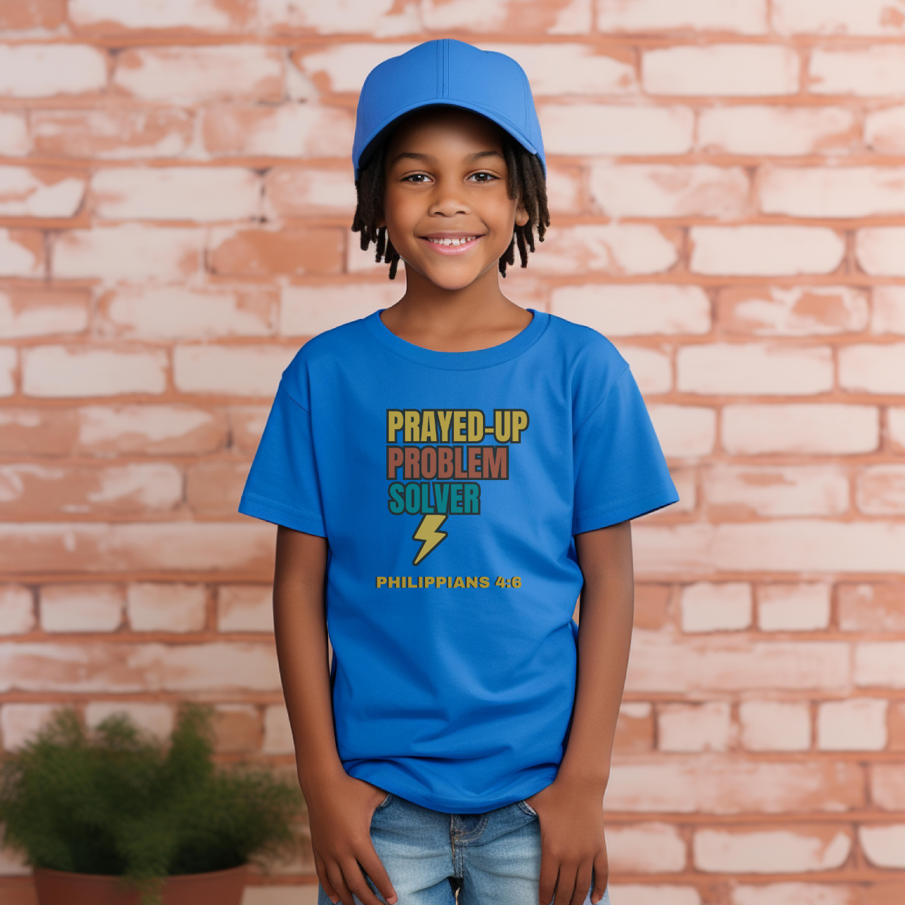 Prayed-Up Problem Solver Youth T-Shirt – Bible Verse Philippians 4:6 Christian Block Retro Design Back-to-School Tee