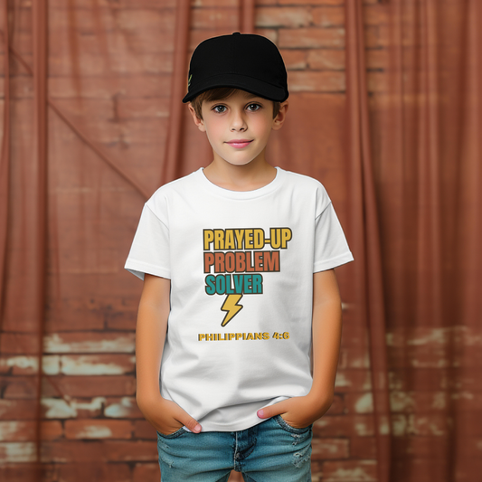 Prayed-Up Problem Solver Youth T-Shirt – Bible Verse Philippians 4:6 Christian Block Retro Design Back-to-School Tee