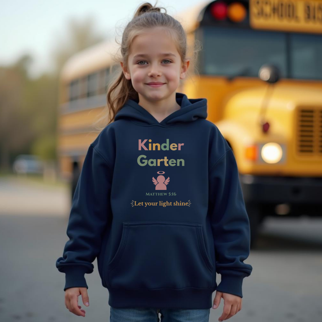 Kindergarten Let Your Light Shine Youth Hooded Sweatshirt – Angel Icon – Bible Verse Matthew 5:16 Christian Back-to-School