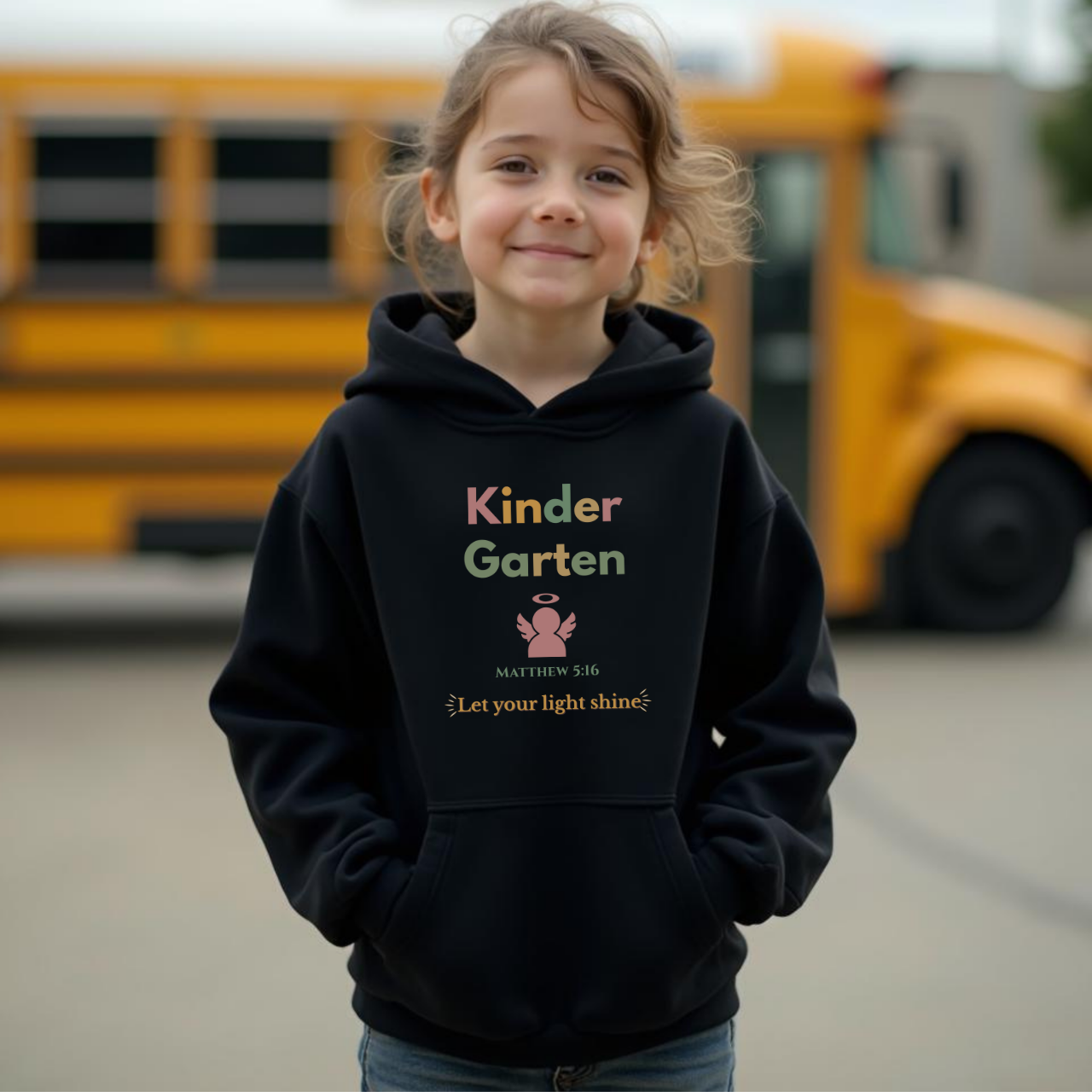 Kindergarten Let Your Light Shine Youth Hooded Sweatshirt – Angel Icon – Bible Verse Matthew 5:16 Christian Back-to-School