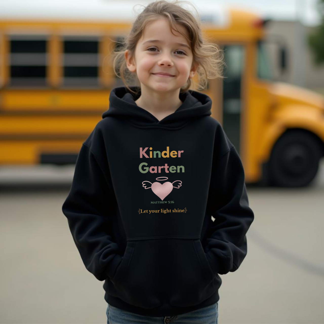 Kindergarten Let Your Light Shine Youth Hooded Sweatshirt – Angel Wings Heart – Bible Verse Matthew 5:16 Christian Back-to-School