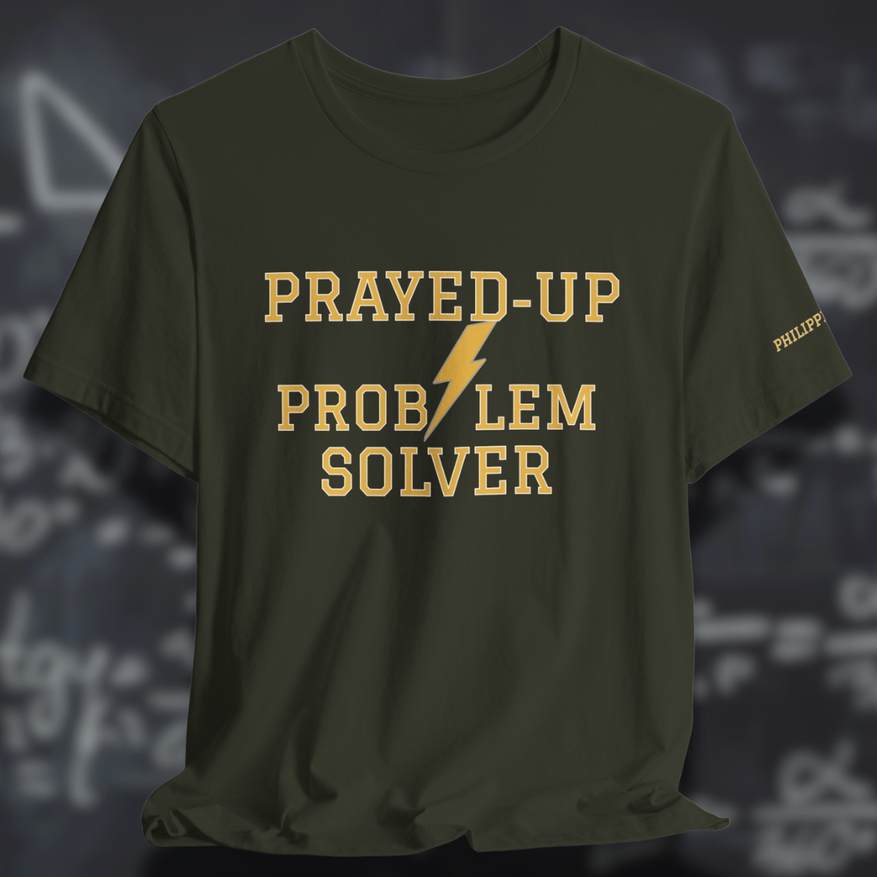 Prayed-Up Problem Solver (Philippians 4:6 on Left Sleeve) (Stacked) Varsity Christian Tee  — Back-to-School