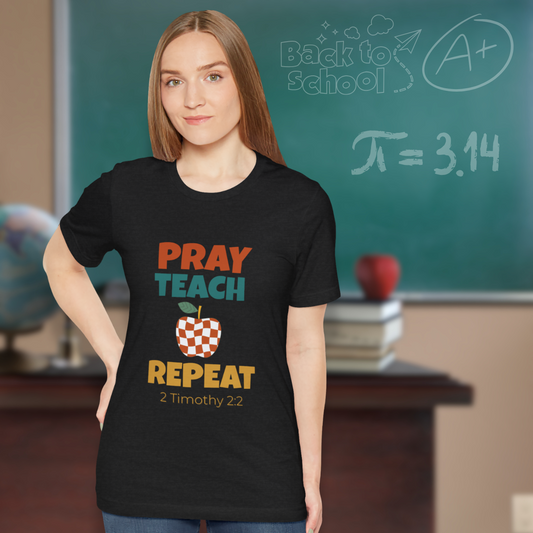 Pray Teach Repeat Apple ( with 2 Timothy 2:2 Bible Verse) Christian Tee — Back-to-School Retro Checkered Apple