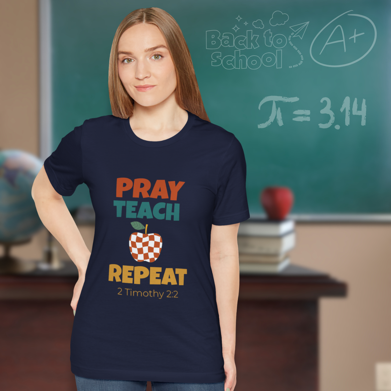 Pray Teach Repeat Apple ( with 2 Timothy 2:2 Bible Verse) Christian Tee — Back-to-School Retro Checkered Apple