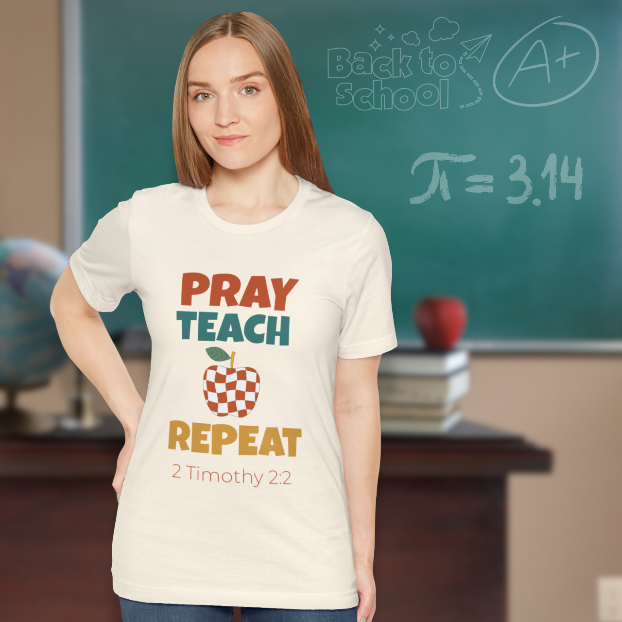 Pray Teach Repeat Apple ( with 2 Timothy 2:2 Bible Verse) Christian Tee — Back-to-School Retro Checkered Apple
