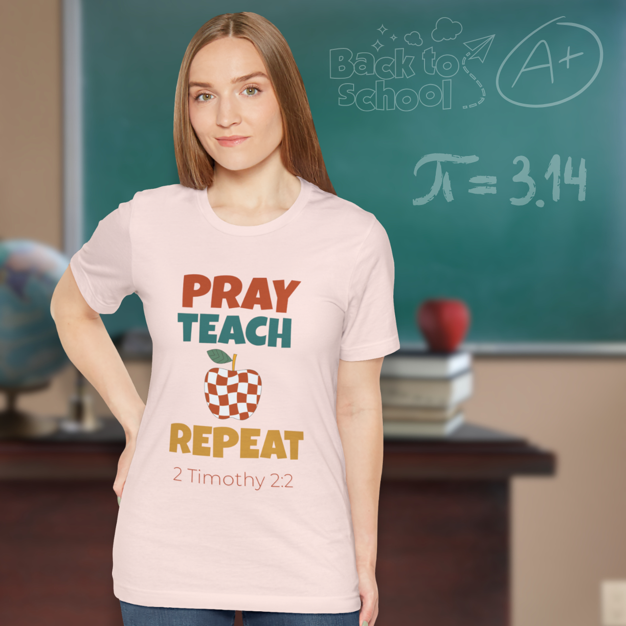 Pray Teach Repeat Apple ( with 2 Timothy 2:2 Bible Verse) Christian Tee — Back-to-School Retro Checkered Apple