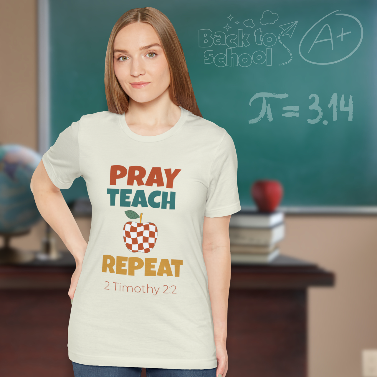 Pray Teach Repeat Apple ( with 2 Timothy 2:2 Bible Verse) Christian Tee — Back-to-School Retro Checkered Apple