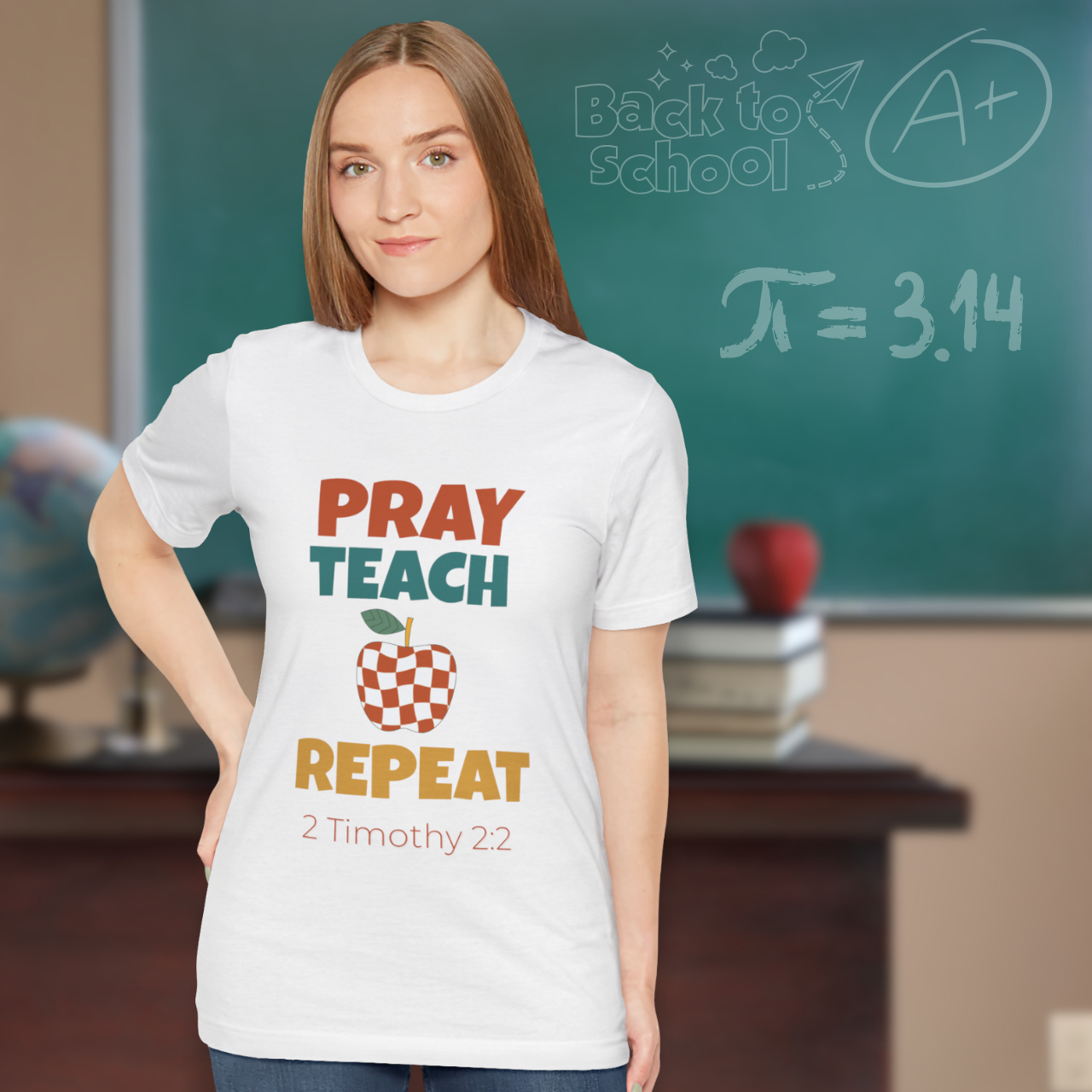 Pray Teach Repeat Apple ( with 2 Timothy 2:2 Bible Verse) Christian Tee — Back-to-School Retro Checkered Apple