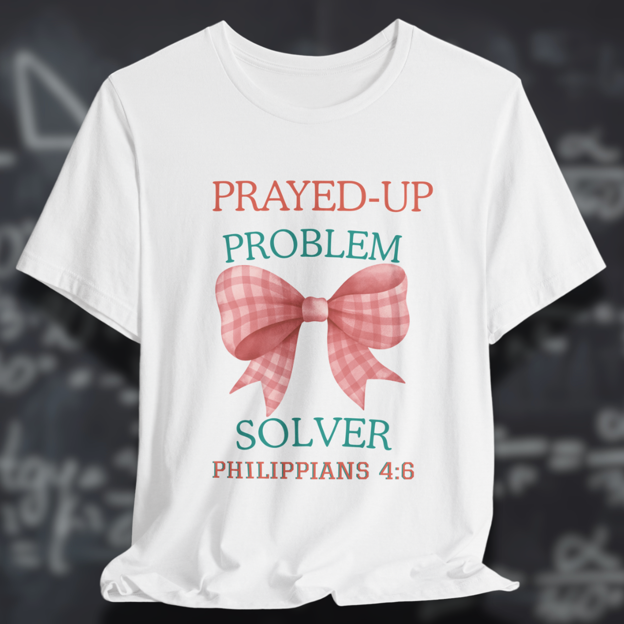 Prayed-Up Problem Solver Coquette Bow (with Philippians 4:6 Bible Verse) Christian Tee — Back-to-School Gingham