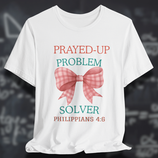 Prayed-Up Problem Solver Coquette Bow (with Philippians 4:6 Bible Verse) Christian Tee — Back-to-School Gingham