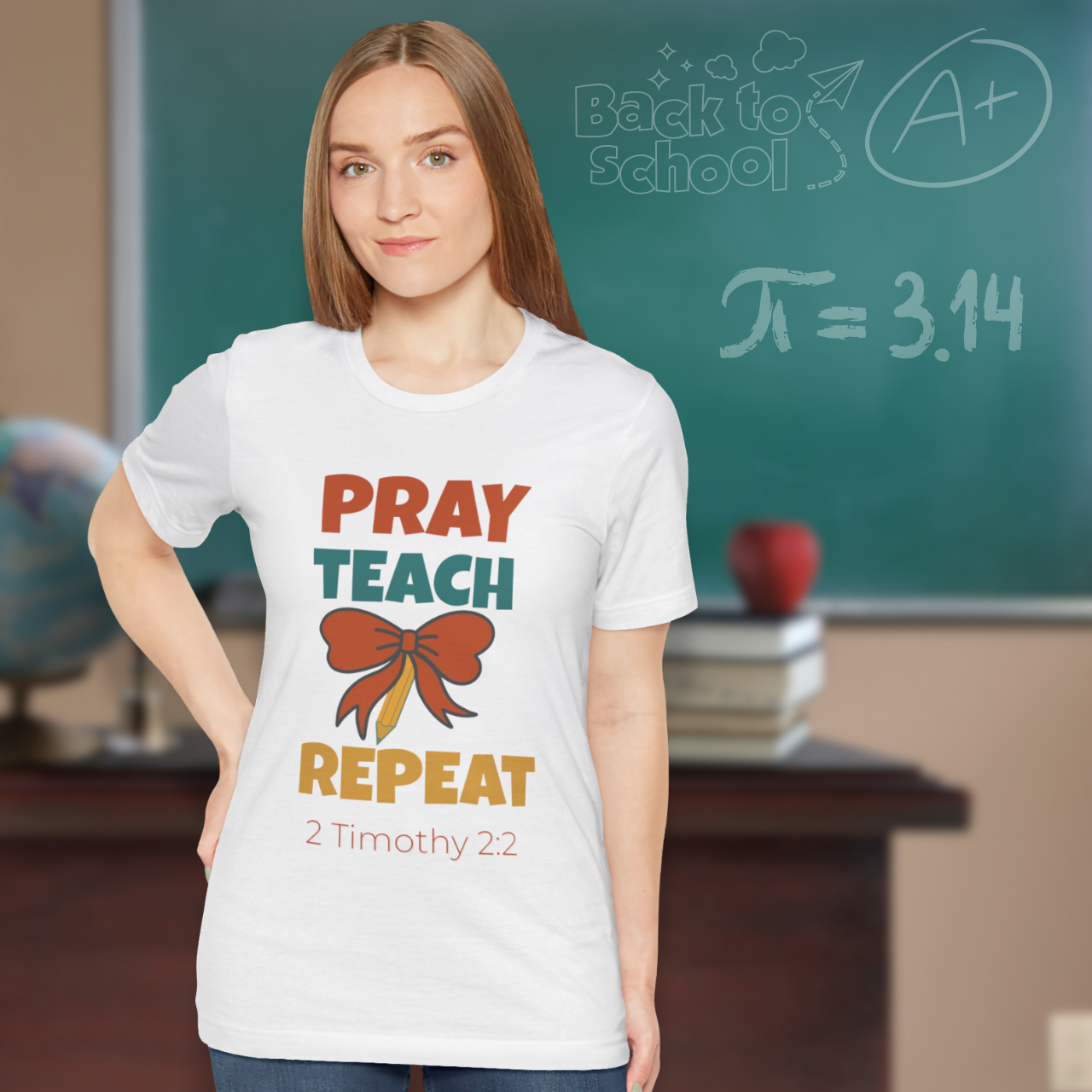 Pray Teach Repeat Coquette Bow (with 2 Timothy 2:2 Bible Verse) Christian Tee — Back-to-School Retro autumn Bow Pencil