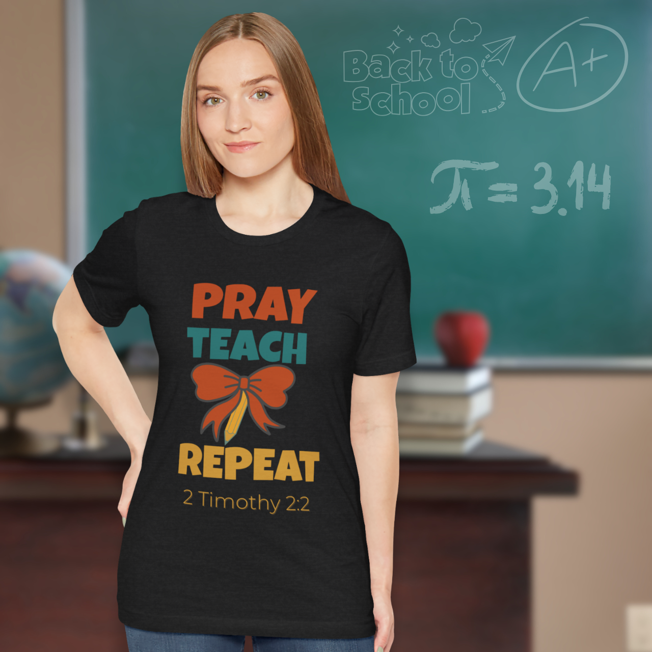 Pray Teach Repeat Coquette Bow (with 2 Timothy 2:2 Bible Verse) Christian Tee — Back-to-School Retro autumn Bow Pencil