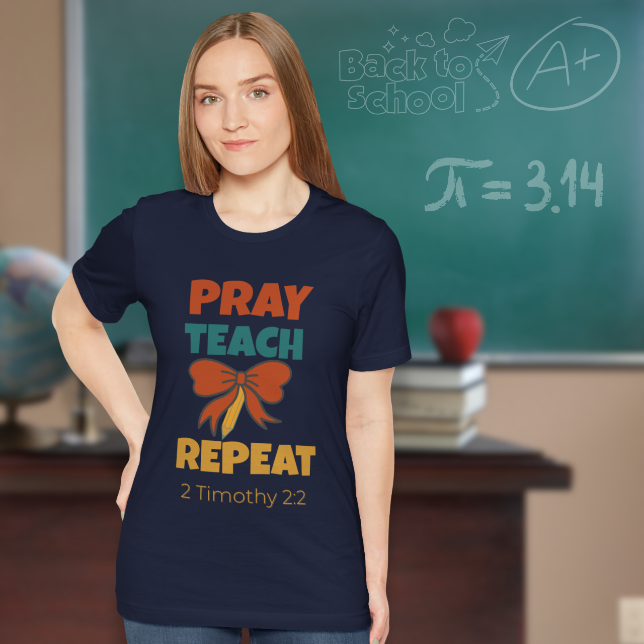 Pray Teach Repeat Coquette Bow (with 2 Timothy 2:2 Bible Verse) Christian Tee — Back-to-School Retro autumn Bow Pencil