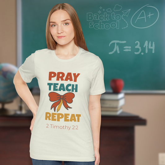 Pray Teach Repeat Coquette Bow (with 2 Timothy 2:2 Bible Verse) Christian Tee — Back-to-School Retro autumn Bow Pencil