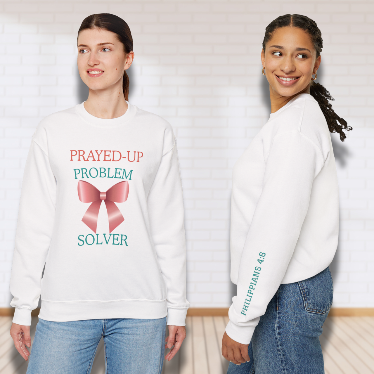 Prayed-Up Problem Solver Croquette Bow w/ Bible Sleeve Verse (2 Timothy 2:2) Christian Teacher Sweatshirt  • Gildan 18000 Unisex Fleece • Solid Satin Back to School