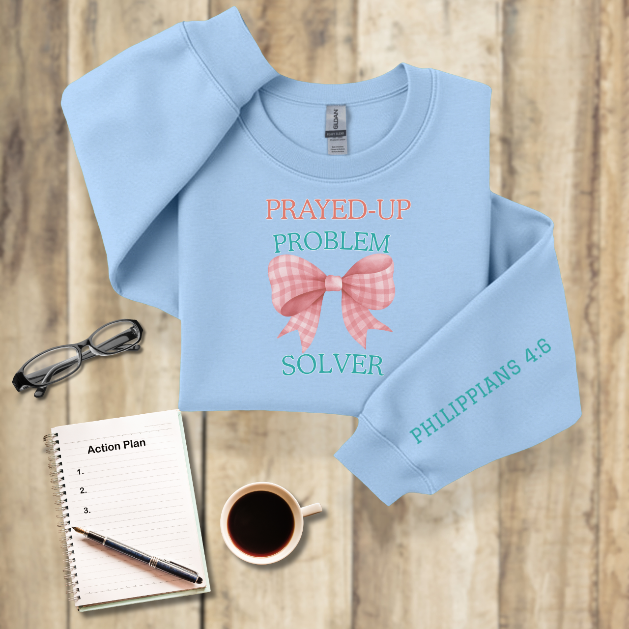 Prayed-Up Problem Solver Gingham Bow Christian Sweatshirt w/ Bible Sleeve Verse (2 Timothy 2:2) • Gildan 18000 • Back to School