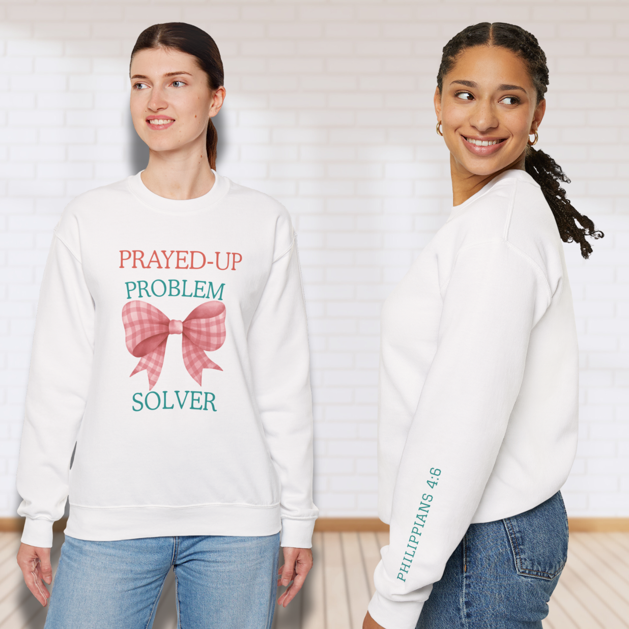 Prayed-Up Problem Solver Gingham Bow Christian Sweatshirt w/ Bible Sleeve Verse (2 Timothy 2:2) • Gildan 18000 • Back to School