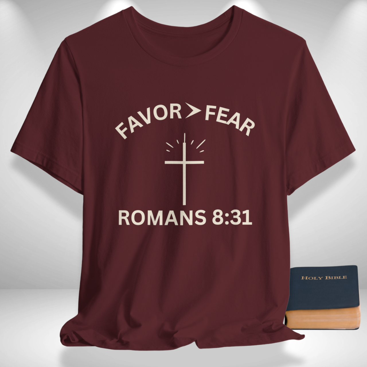 Favor > Fear (Romans 8:31 Bible Verse)  Christian Tee Back to School — Minimal Cross | Bella+Canvas 3001
