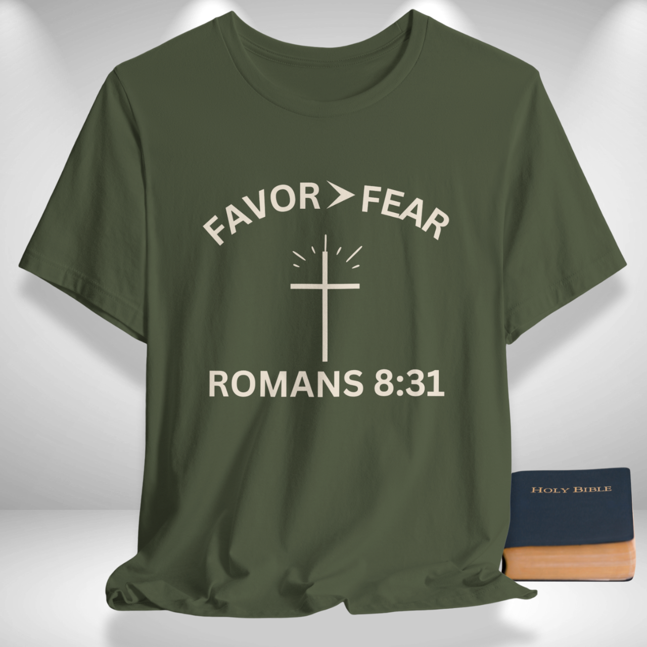 Favor > Fear (Romans 8:31 Bible Verse)  Christian Tee Back to School — Minimal Cross | Bella+Canvas 3001