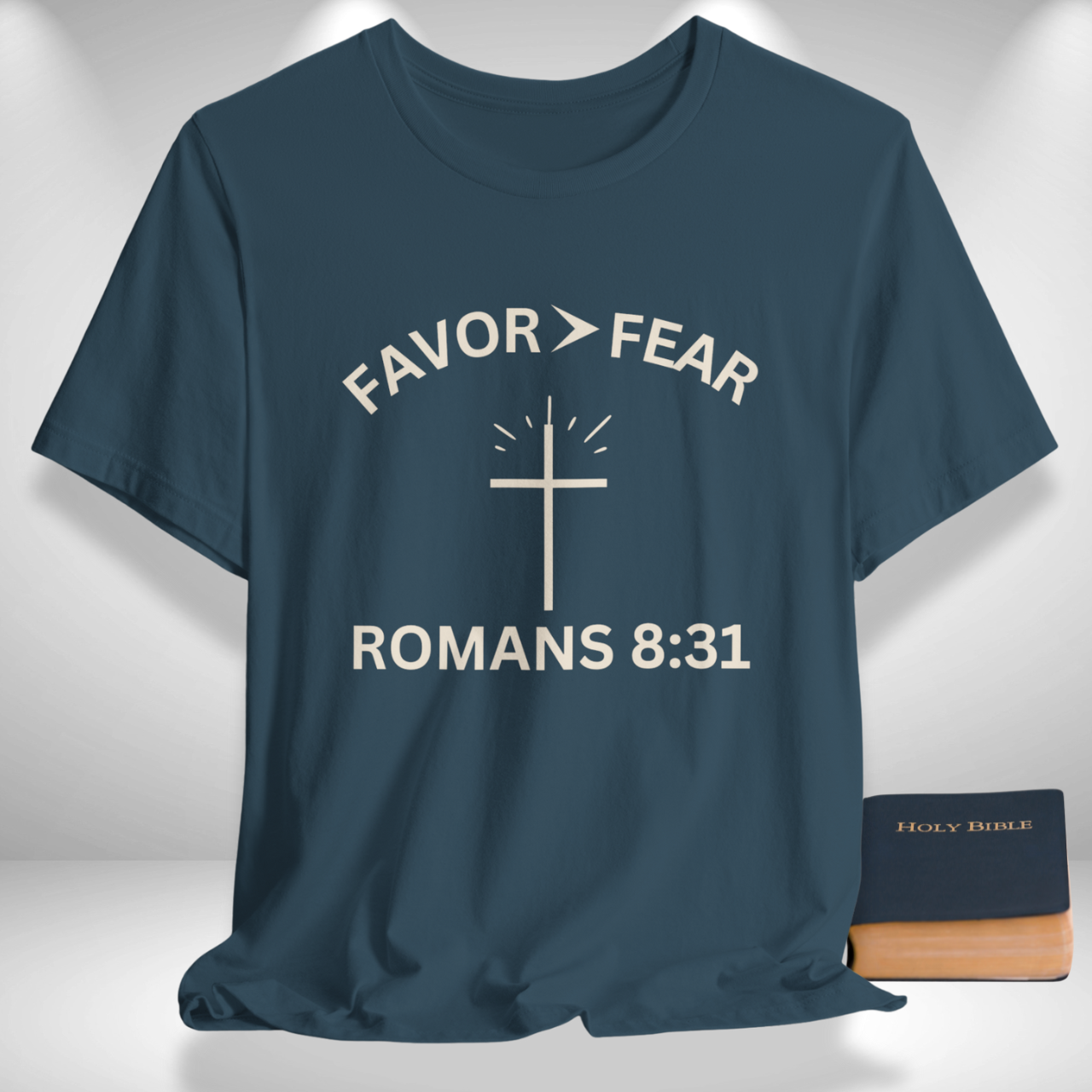 Favor > Fear (Romans 8:31 Bible Verse)  Christian Tee Back to School — Minimal Cross | Bella+Canvas 3001