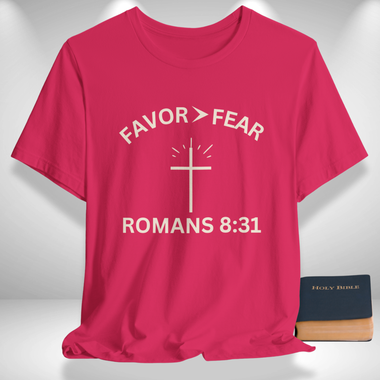 Favor > Fear (Romans 8:31 Bible Verse)  Christian Tee Back to School — Minimal Cross | Bella+Canvas 3001
